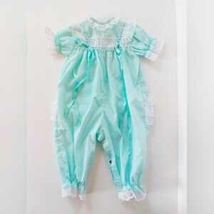 80s Infant Romper Light Blue Ruffle Bum size 6m Toddle Tyke Cottagecore‎